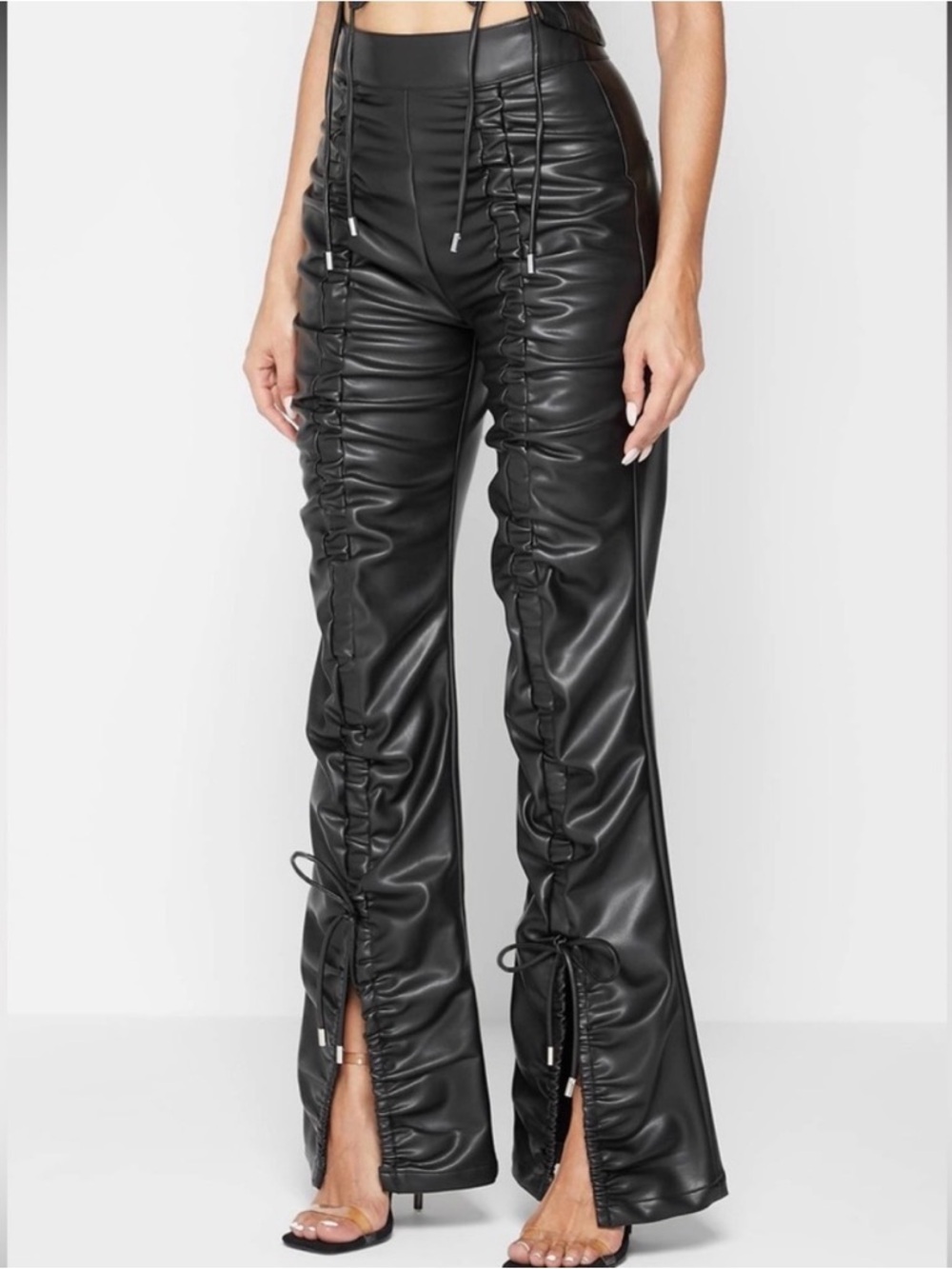 MANIERE DE VOIR Black Faux Leather Ruched Open Slit Pants - Picture 2 of 12